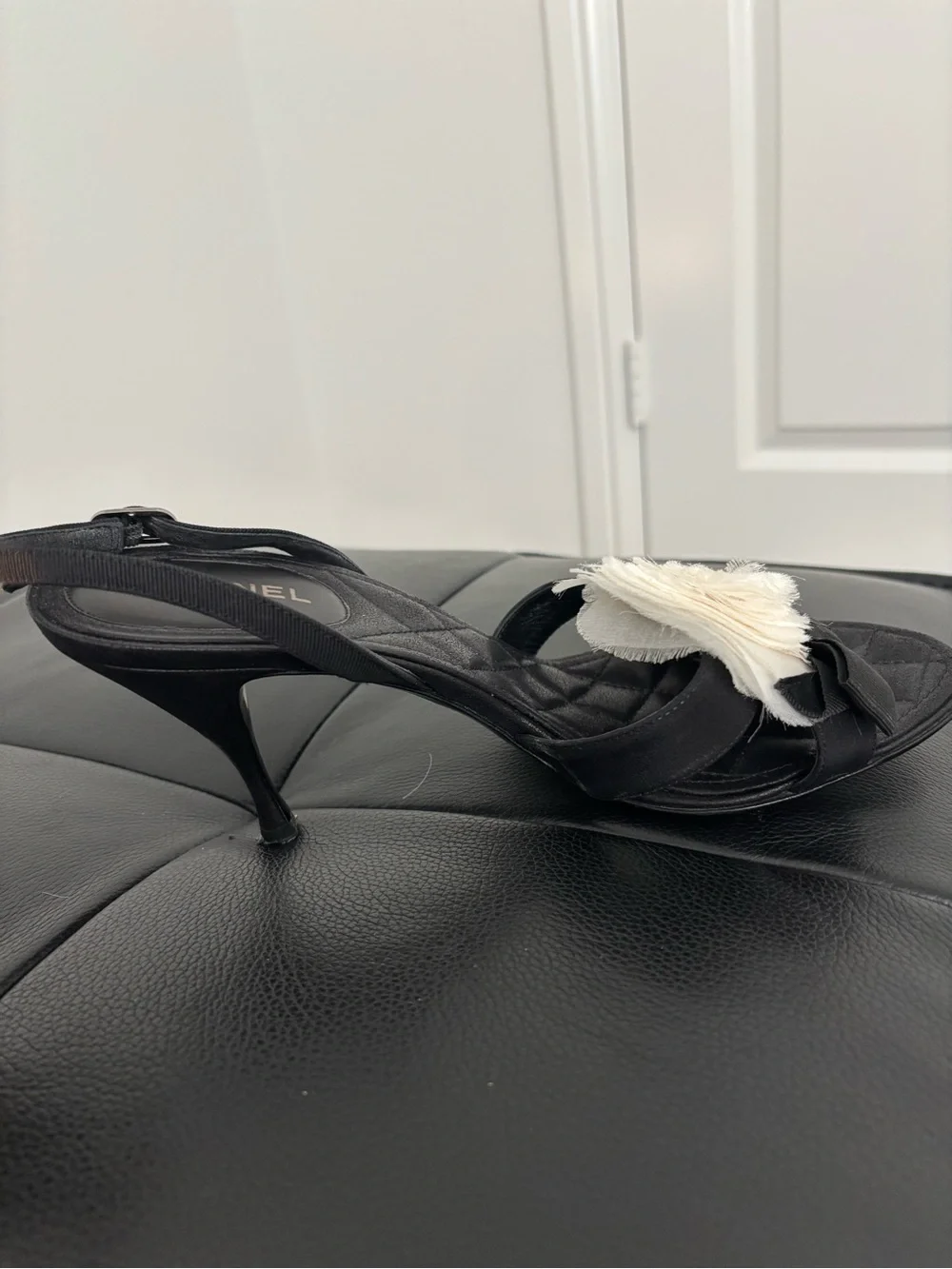 CHANEL Black Slingback Sandal with Cream Camellia
